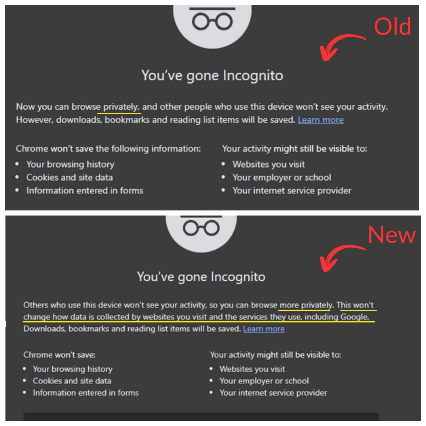 Incognito mode side-by-side comparison