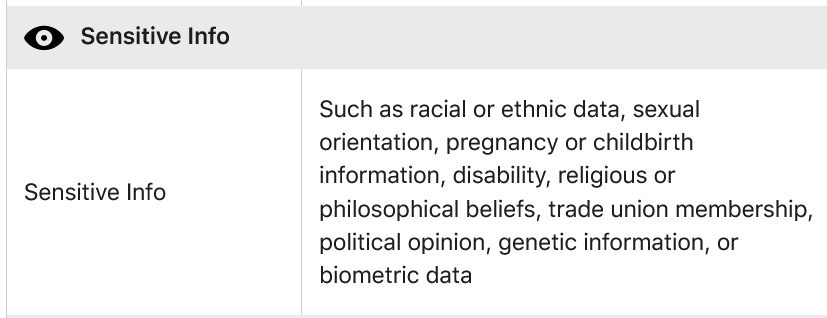 A description of &lsquo;sensetive info&rsquo; in Apple&rsquo;s developers guide