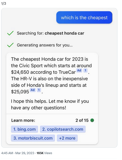 An example of an ad in Bing&rsquo;s chatbot