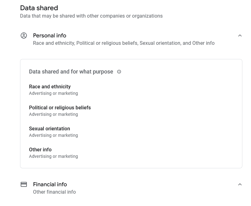 A screenshot of the data safety section of Telly&rsquo;s app in the Googly Play Store
