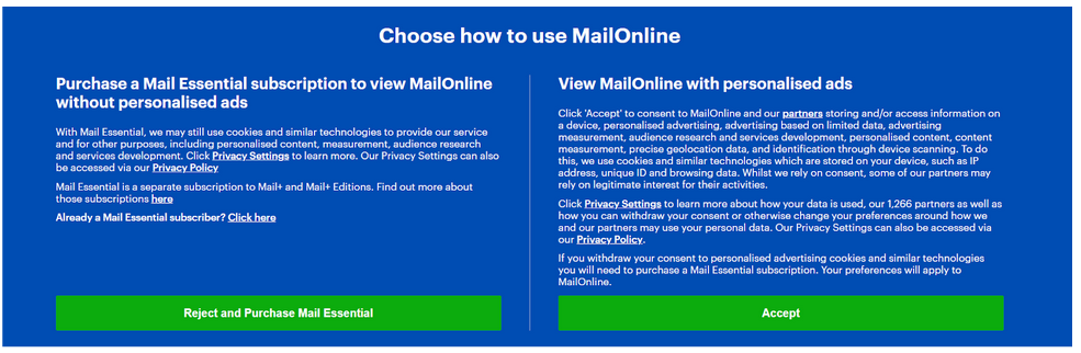 Mail Online &lsquo;pay or consent&rsquo; message