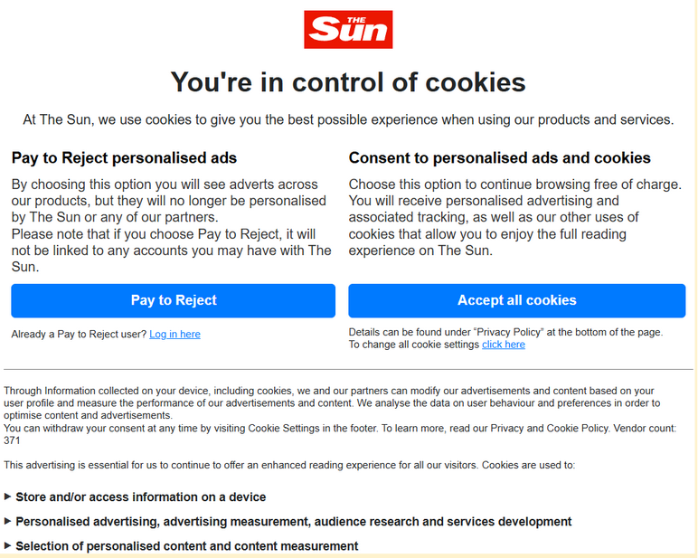 The Sun &lsquo;pay or consent&rsquo; message